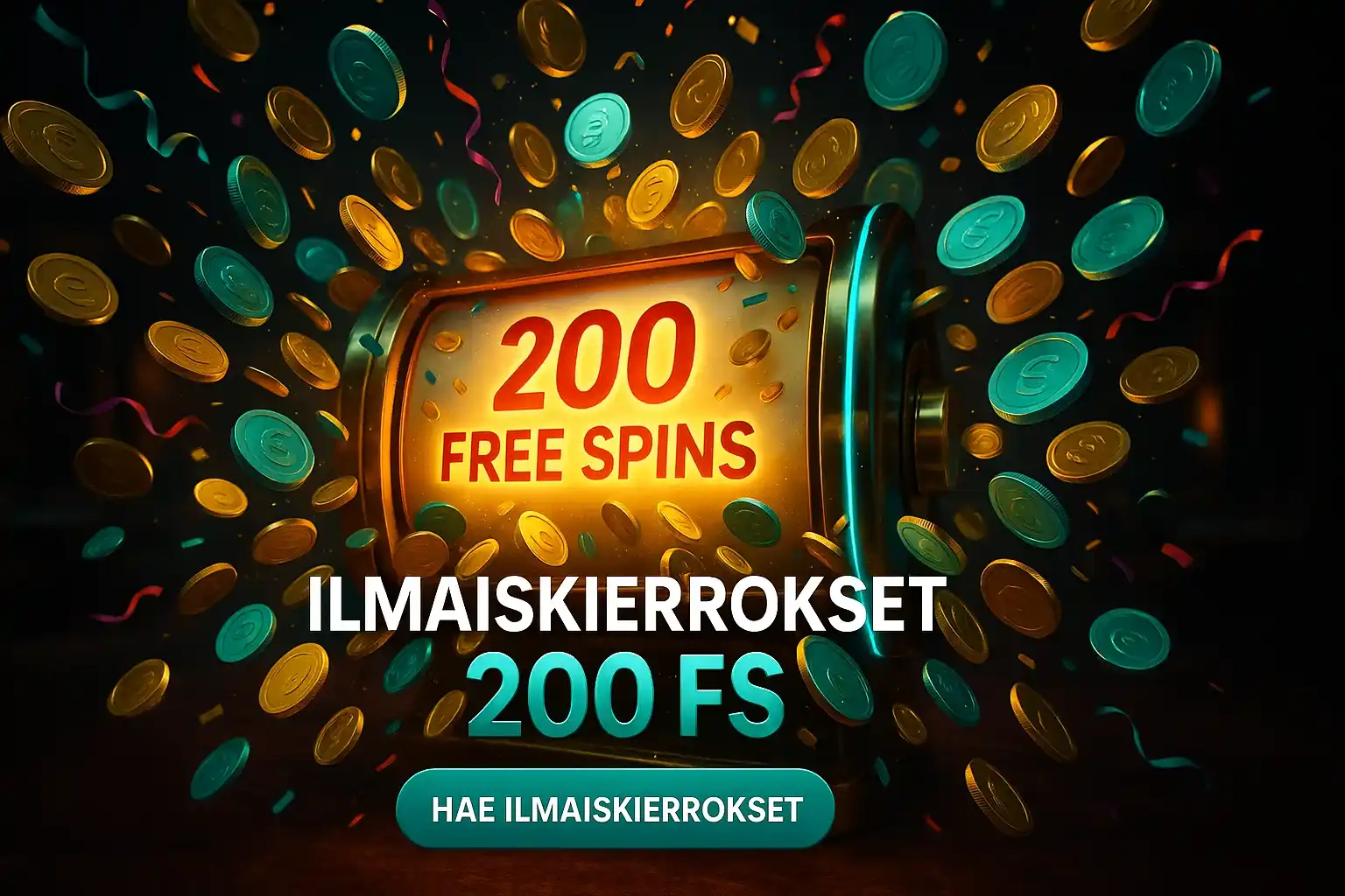 Suomalainen kasinobanneri, 200 ilmaiskierrosta, kolikkoräjähdys ja CTA-painike
