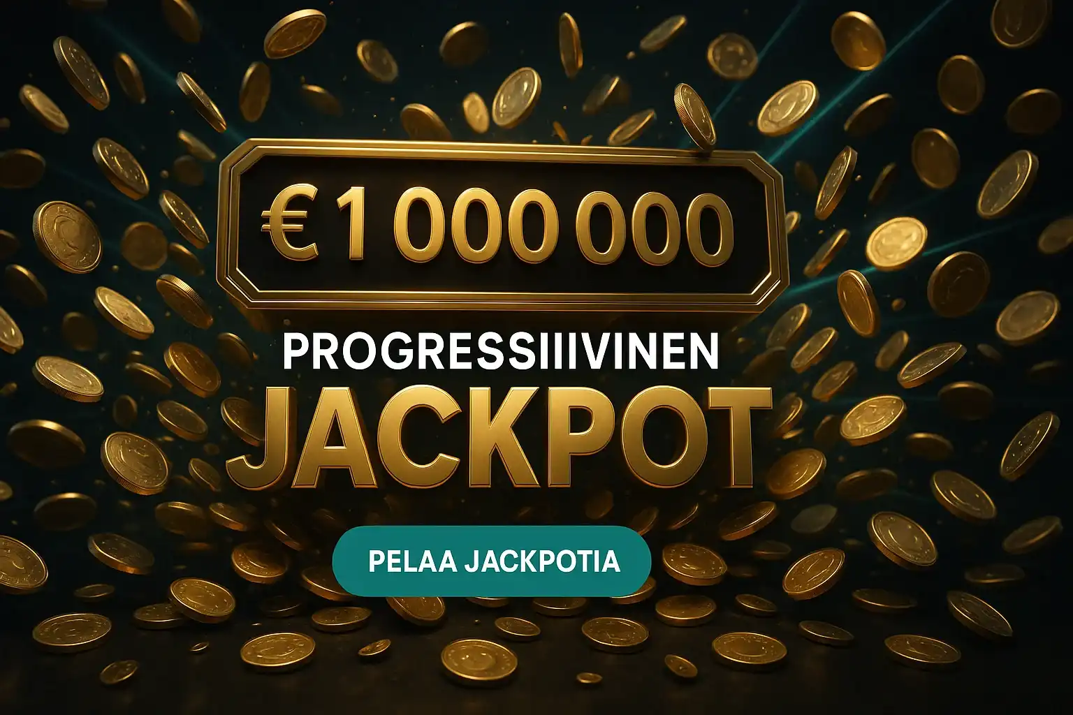 Suomalainen kasinobanneri, progressiivinen jackpot 1 000 000 €, kolikot ja neonvalot