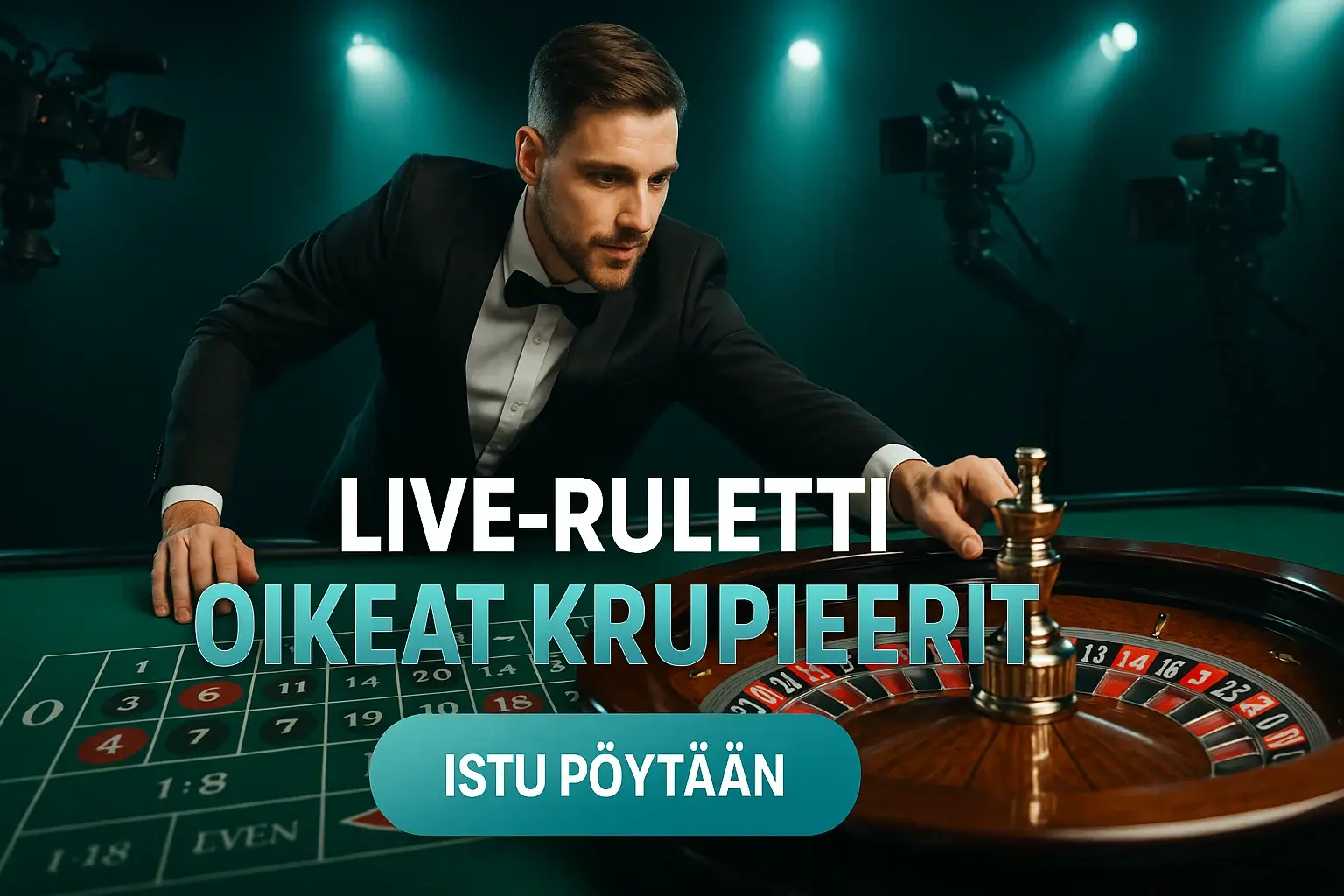 Fotorealistinen live-kasino banneri, krupieeri ruletin äärellä ja kamerat taustalla