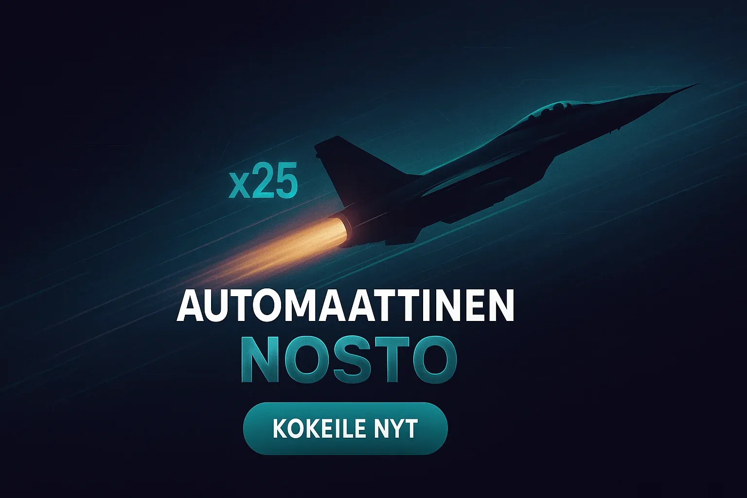 Fotorealistinen suomalainen kasinobanneri JetX-hävittäjällä, x25-kertoimella ja CTA-painikkeella