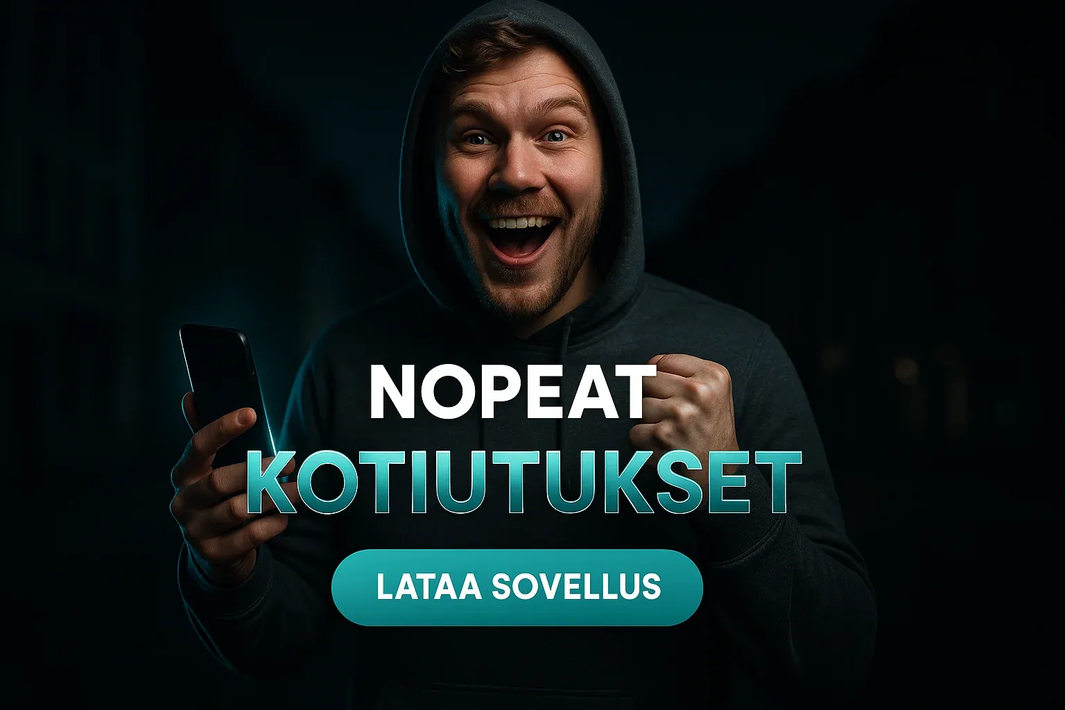Suomalainen mies hupparissa, puhelin kädessä, nopeat kotiutukset sovellusmainos