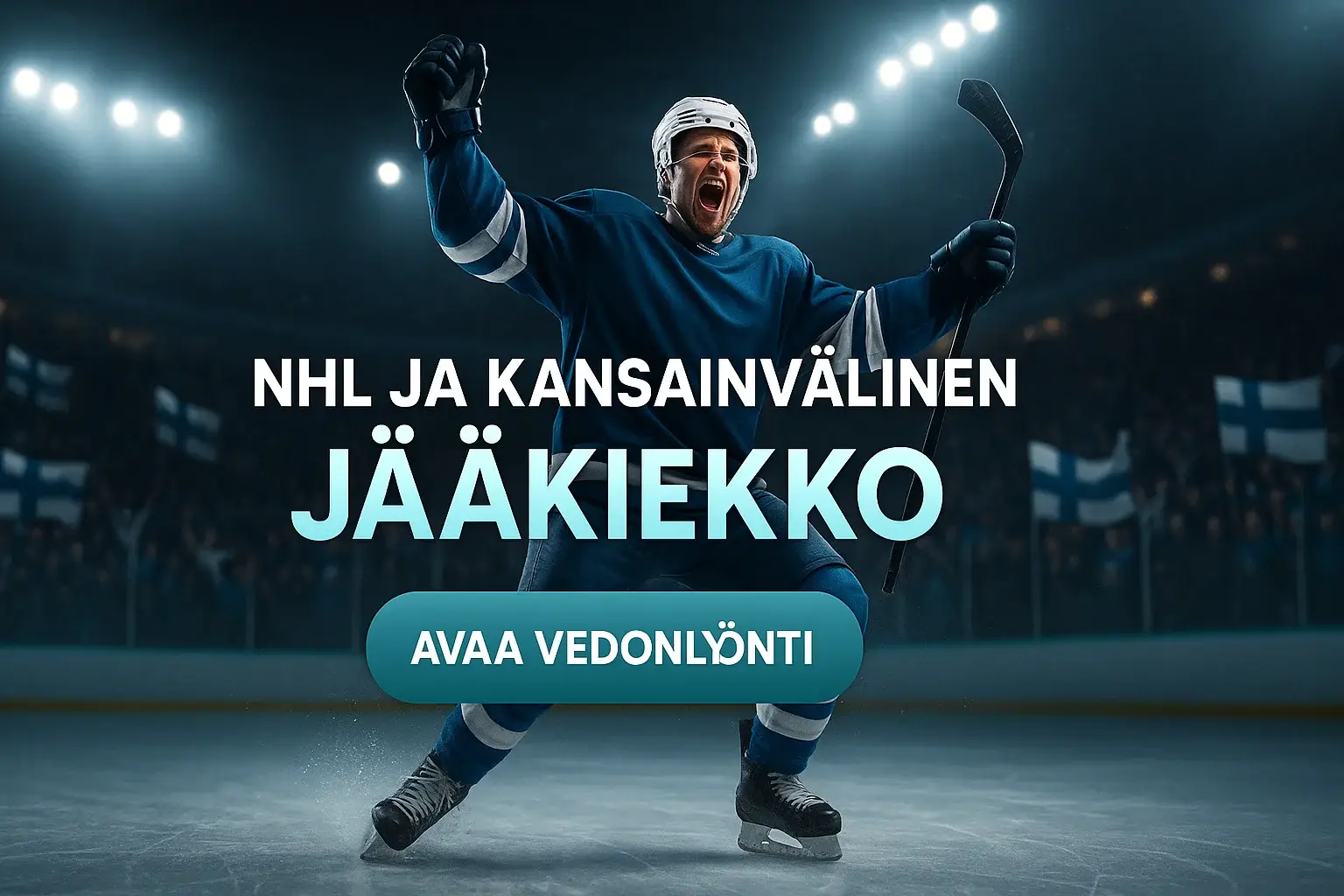 Suomalainen jääkiekkoilija juhlii maalia, vedonlyönti CTA ja tekstit bannerissa